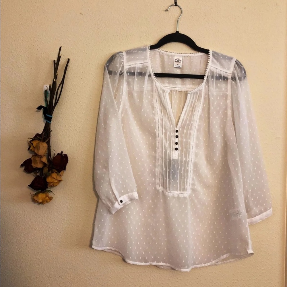 Sheer white blouse. 100% polyester.